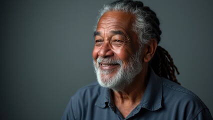Smiling Elder Man With Long Hair Enjoying a Moment of Joy in a Soft-Lit Studio Setting