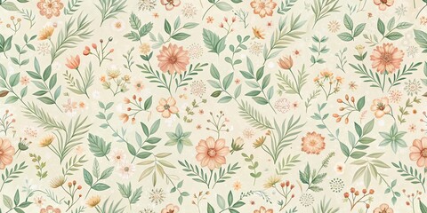 Pastel Floral Seamless Pattern Delicate Blooms and Lush Greenery on a Soft Background