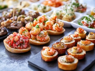 A colorful assortment of appetizers, showcasing shrimp, bruschetta, and various toppings.
