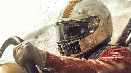 Close-up of a race car driver's face and hands gripping the steering wheel during a race, dust flying around.