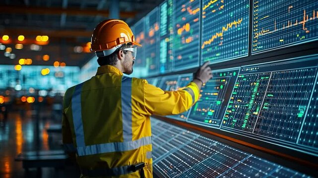 Industrial Control Room: A focused engineer in a hard hat and safety glasses interacts with a wall of digital screens displaying data and graphs, highlighting modern industrial control and automation.