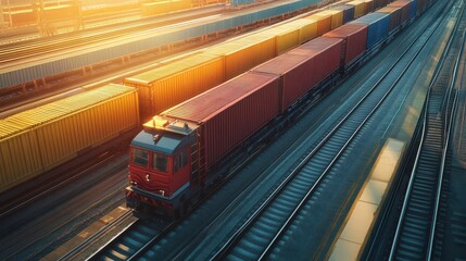 Fototapeta premium Highspeed cargo train on futuristic tracks, symbolizing efficiency in logistics transportation