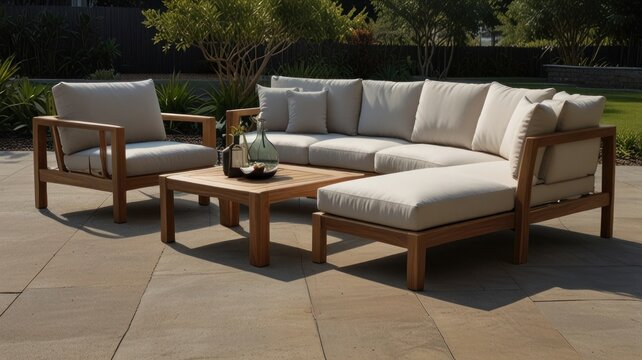Teak wood outdoor sectional sofa set with beige cushions on patio.
