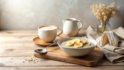 A comforting breakfast of creamy oatmeal topped with sliced bananas, served alongside a warm beverage in a cozy setting.