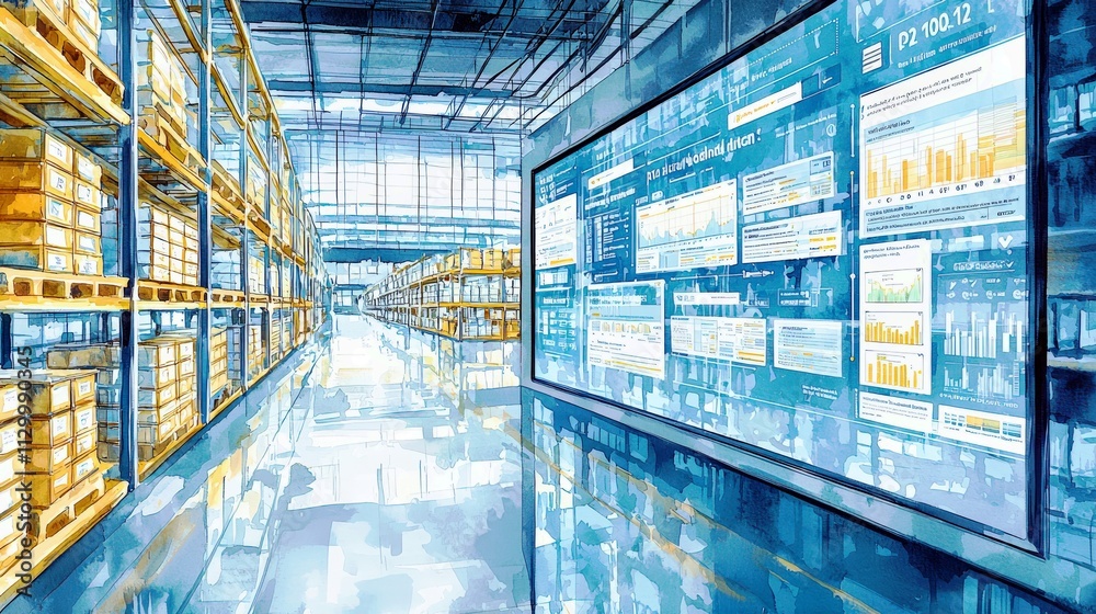 Poster modern warehouse with digital dashboard displaying inventory metrics and data visualization in a bri