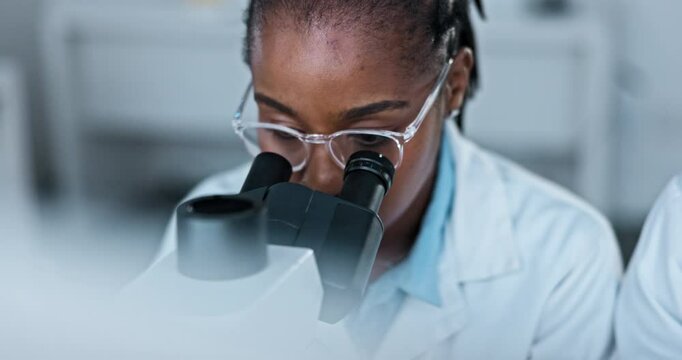 Analysis, scientist and woman with microscope, lab and medical research for biotechnology and particle. Healthcare, African and professional with equipment for vaccine, molecule and test for medicine