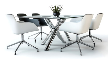A glass table with a plant in a bowl sits in front of a row of white chairs