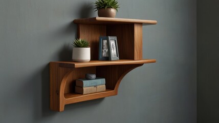 Modern wooden wall shelf with plants, photos, and books.