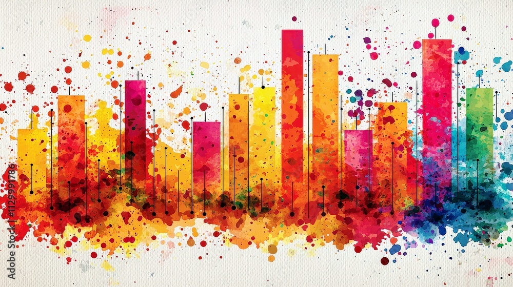 Poster abstract colorful bar chart with watercolor splashes representing data visualization and business gr