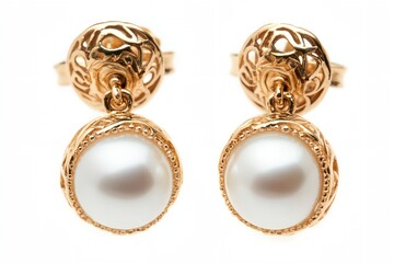 Fototapeta premium The earrings are made of gold and have a pearl in the center