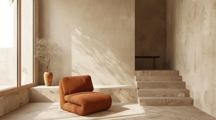 Minimalist Japandi living room with terra cotta accent armchair, stucco wall, and steps creating a modern and serene design