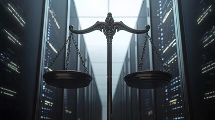Scales of Justice in a server room, symbolizing cybersecurity law and data protection.