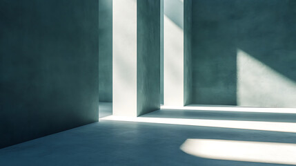 Fototapeta premium A serene modern interior showcasing tall, minimalist columns bathed in soft sunlight, creating striking contrasts of light and shadow.