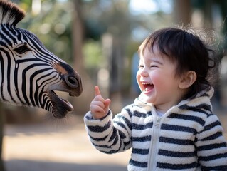 Joyful Toddler and Zebra Encounter Zoo Visit, Childs Delight, Stripes, Mammal