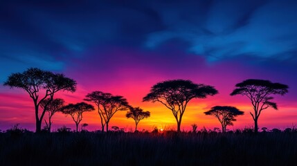 Obraz premium Silhouettes of Trees Against a Vibrant Sunset