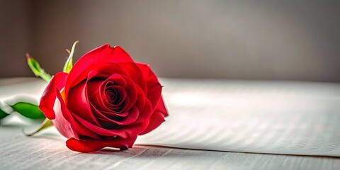 A single red rose rests gently on a page of printed text, symbolizing love, remembrance, or a heartfelt message.