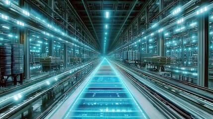 Fototapeta premium Futuristic industrial warehouse interior with glowing lines and advanced technology creating a digital transport system for goods and products