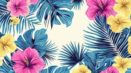 Vibrant Tropical Floral Background with Pink and Yellow Hibiscus Flowers and Lush Green Leaves Ideal for Summer-Themed Designs and Decorations