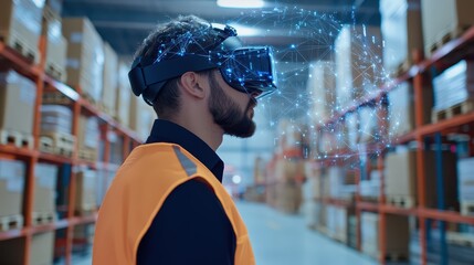 Virtual reality interface showing logistics tracking, immersive visualization of global supply chains