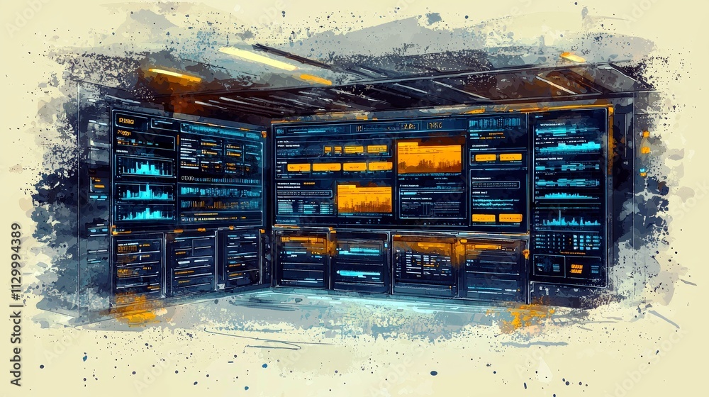 Poster futuristic digital interface displaying data analysis and visualization trends on screen in a modern