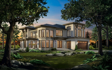 beautiful modern-style two-story white villa with large windows, a garage, and a beautiful outdoor garden surrounded by large trees. The villa is set against a backdrop of a blue sky at sunset.