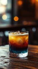 A colorful layered cocktail in a glass with ice, set on a wooden table.