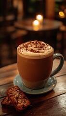 A cozy coffee cup topped with cream and chocolate, accompanied by two cookies on a wooden table.