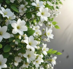 Delicate white flowers and green leaves on a bright background, delicate, blooming, botanical, vibrant