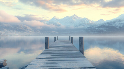 Fototapeta premium Serene Winter Lake Wooden Dock Snowy Mountains Calm Water Sunrise