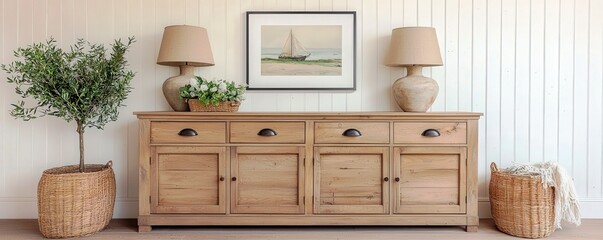 Elegant wooden sideboard with decorative lamps, nautical artwork, and cozy greenery in a serene coastal-inspired interior setting