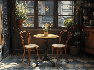Obraz premium Quaint Parisian Style Cafe Setting with Wooden Table and Checkered Tile Flooring