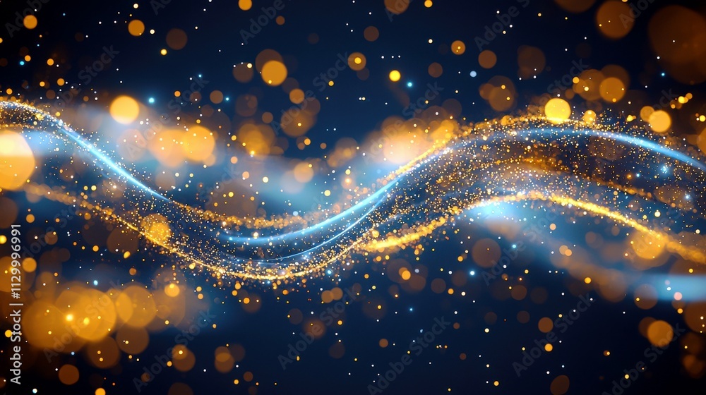Poster elegant and shimmering gold and blue light waves with glowing particles in dark background creating 