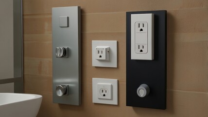 Modern minimalist electrical outlets and switches mounted on wall.