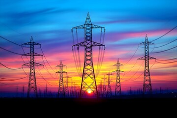 Naklejka premium A stunning sunset silhouetting power lines against a vibrant sky, showcasing the beauty of nature and infrastructure.