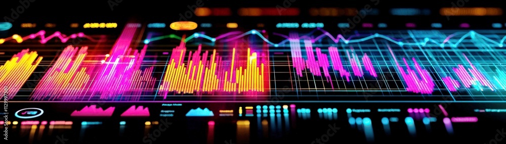 Poster vibrant digital data visualization with colorful charts and graphs in a dark background perfect for 