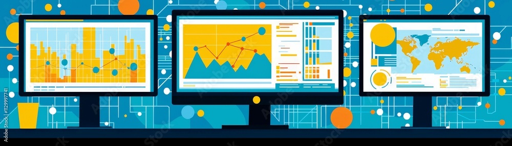 Poster data visualization and analysis with graphs and charts on multiple computer screens in modern office