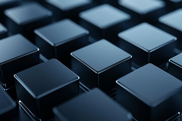 Fototapeta premium Aerial view of glossy black cubes arranged in grid pattern, creating modern and sleek abstract design. reflective surfaces of cubes add depth and dimension to composition