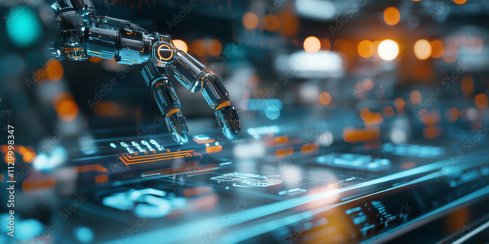 Poster robotic hand interacts with futuristic digital interface, showcasing advanced technology and innovation high tech environment. scene is illuminated with blue and orange lights, creating dynamic