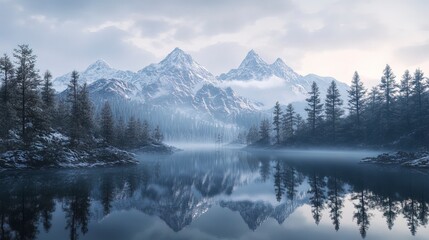 A serene mountain lake reflecting snow-capped peaks and evergreen forests, misty sunrise, mirrorless camera, wide-angle lens, painterly style, 24mm focal distance, tranquil and majestic atmosphere 