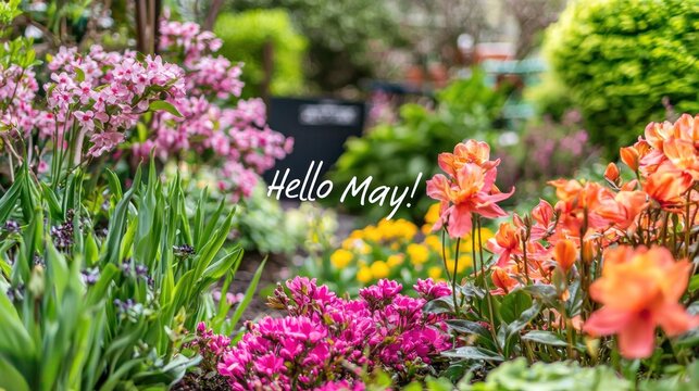 A lush garden in full bloom with the text "Hello May!" artistically arranged among the flowers.