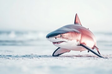 Fototapeta premium Majestic great white shark on a beach. Perfect for nature, wildlife, or ocean documentaries.