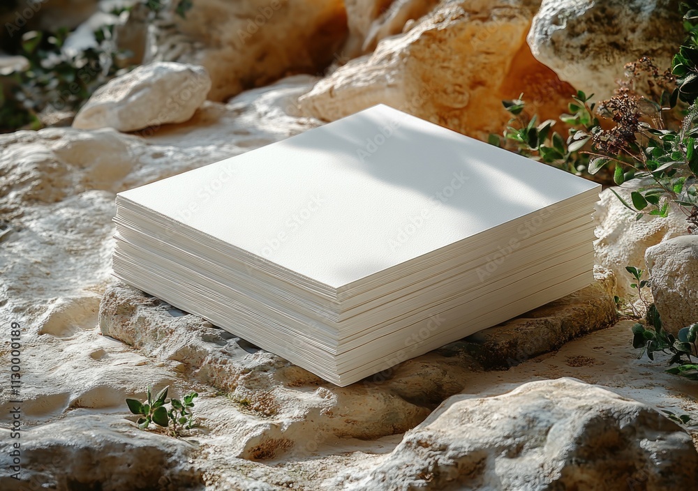 Poster blank notebook mockup on textured sand surface with rocks in natural light