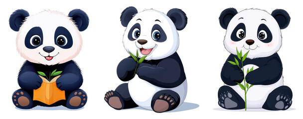 Obraz premium Three cartoon pandas are depicted, each engaging in playful activities with bamboo or a book, showcasing their adorable expressions.
