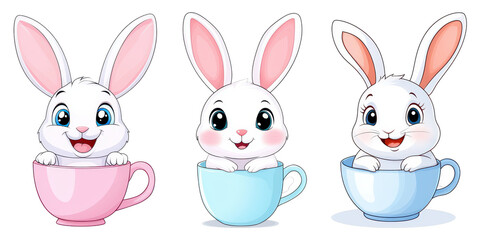 Obraz premium Three cute cartoon rabbits sitting in colorful cups, each displaying joyful expressions with large eyes and prominent ears.