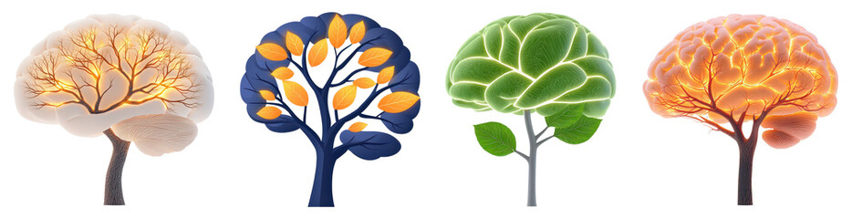 Four artistic representations of trees, each showcasing different colors and styles, symbolizing seasons or stages of growth.