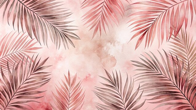 Romantic Watercolor Palm Fronds on a Soft Pink Background Ideal for Wedding Invitations, Feminine Branding, or Decorative Prints