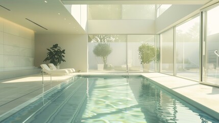 Chic indoor swimming pool with a minimalist design and sunlight streaming in through expansive glass panels