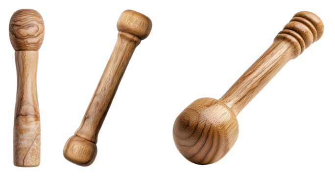 Three wooden objects with distinct shapes and textures, each showcasing a smooth, natural finish and varying sizes.