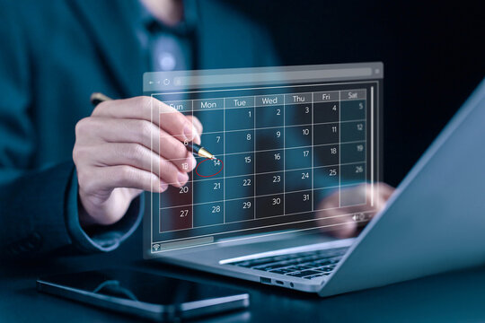 plan schedule calendars online on a laptop, arrange appointment agendas in business and manage planning meetings. timeline design on technology digital concept