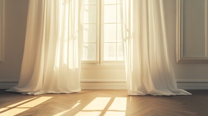 3.Delicate white curtains framing a home window, sunlight streaming through with a gentle breeze, creating subtle movement and shadows on the pale walls and warm-toned floor.